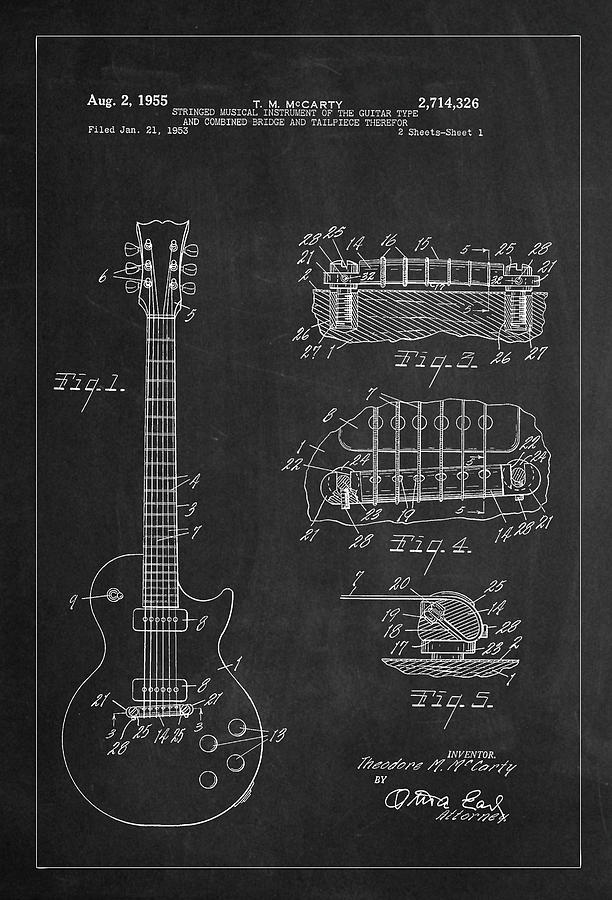 1955 Mccarty Gibson Les Paul Guitar Patent Artwork - Chalk Photograph by Carlos Diaz