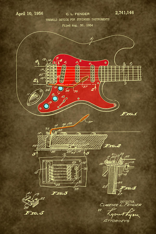 Fender Guitar Tremolo Patent Drawing 1956  Digital Art by Carlos Diaz