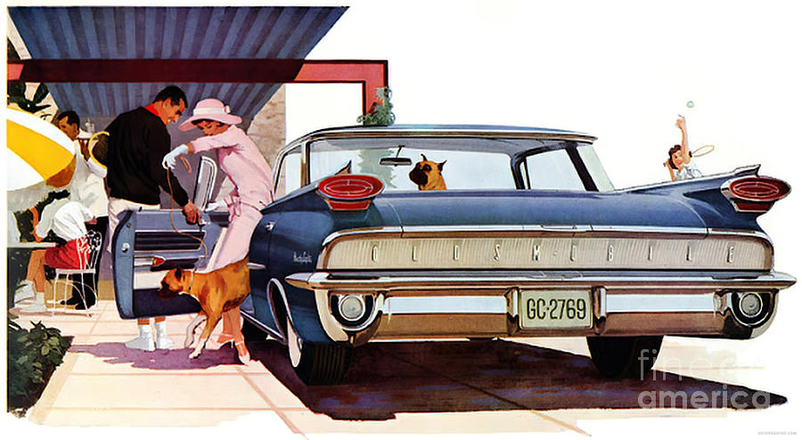 1956 Pontiac With Couple At Airport Advertisement Mixed Media by Retrographs