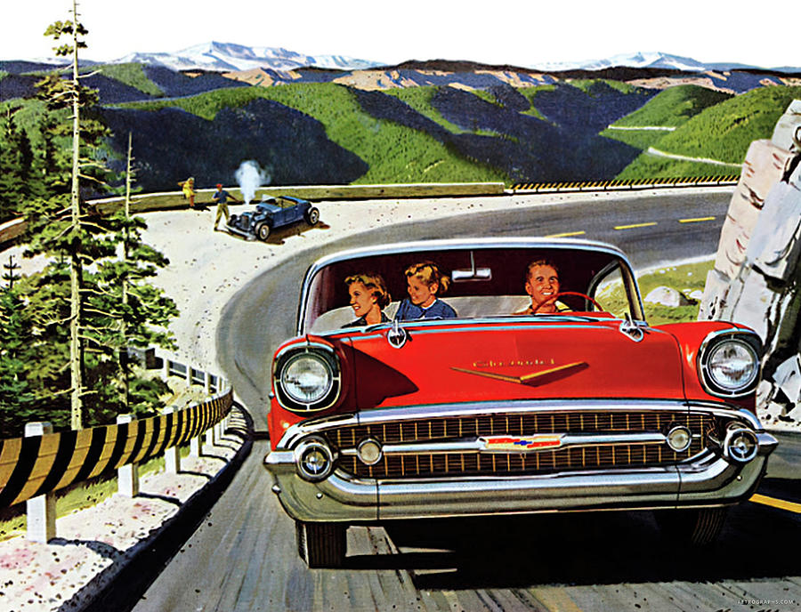 Vintage Mixed Media - 1957 Chevrolet Advertisement On Highway With Family Hot Rod In Background by Retrographs