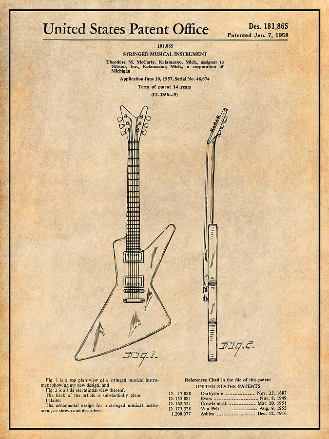 1957 Gibson Explorer Guitar Patent Print Antique Paper Drawing by