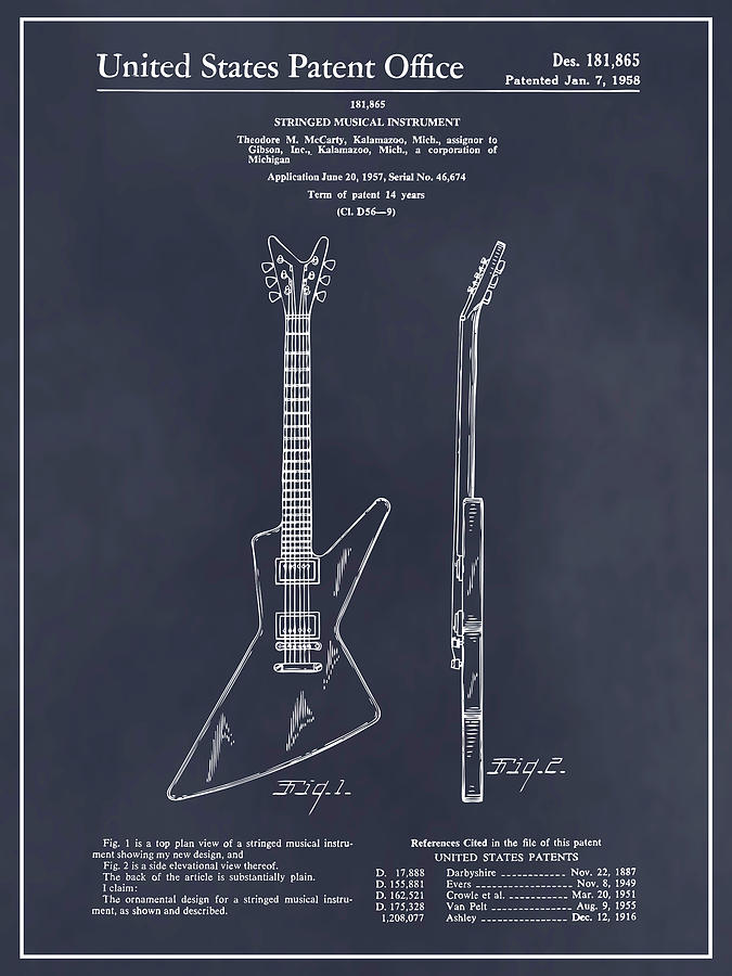 1957 Gibson Explorer Guitar Patent Print Blackboard Drawing by