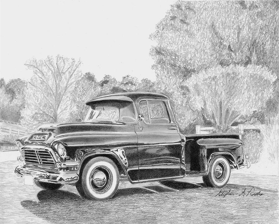 Mel's Drive In Drawing - 1957 GMC Pickup TRUCK ART PRINT by Stephen Rooks