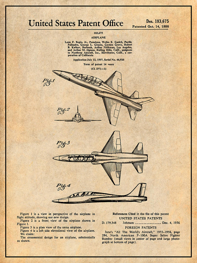 1957 North American F-100 Super-Sabre Patent Print Antique Paper Drawing by Greg Edwards