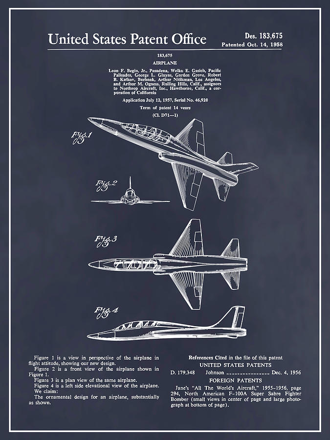 1957 North American F-100 Super-Sabre Patent Print Blackboard Drawing by Greg Edwards