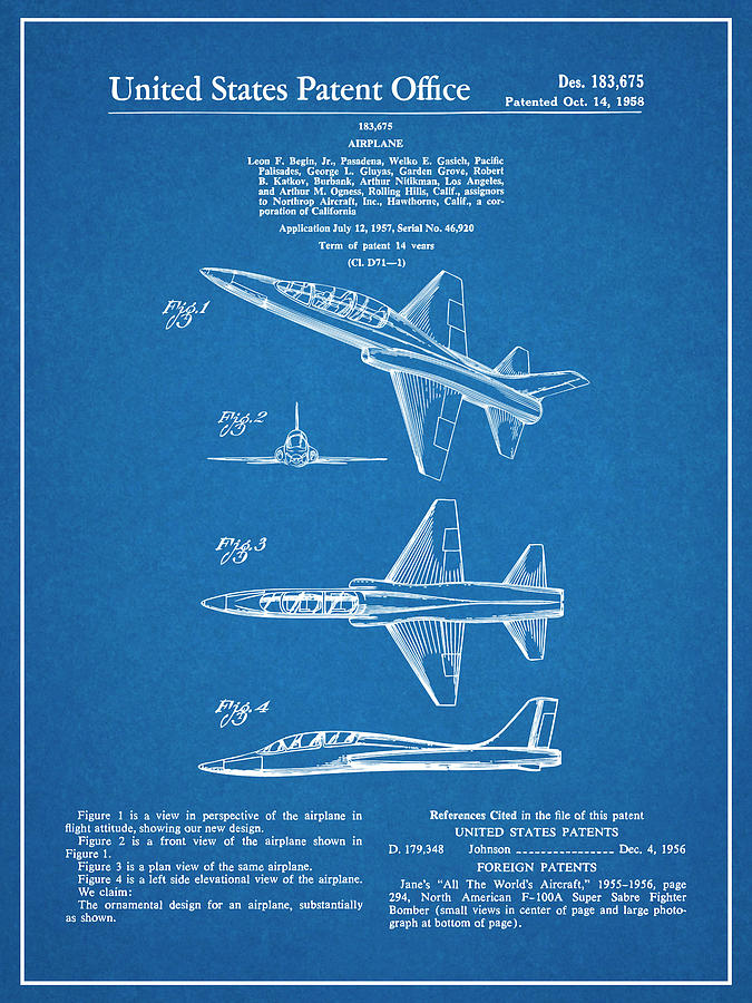 1957 North American F-100 Super-Sabre Patent Print Blueprint Drawing by Greg Edwards