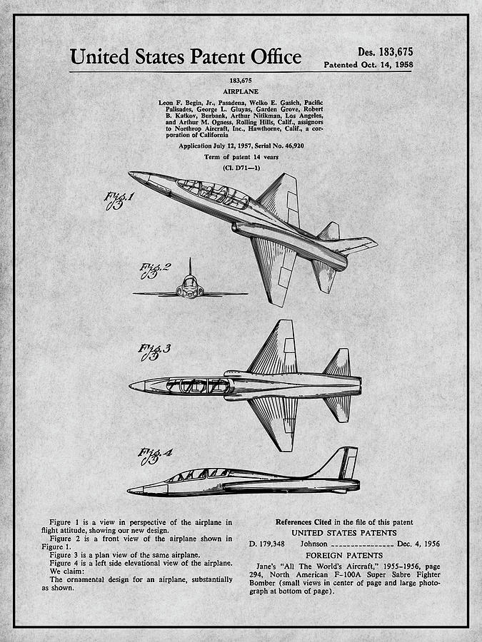 1957 North American F-100 Super-Sabre Patent Print Gray Drawing by Greg Edwards