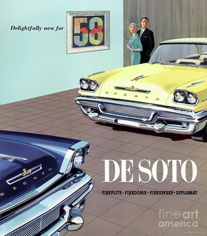 1958 Desoto Advertisement In Showroom With Fashion Couple Mixed Media by Retrographs