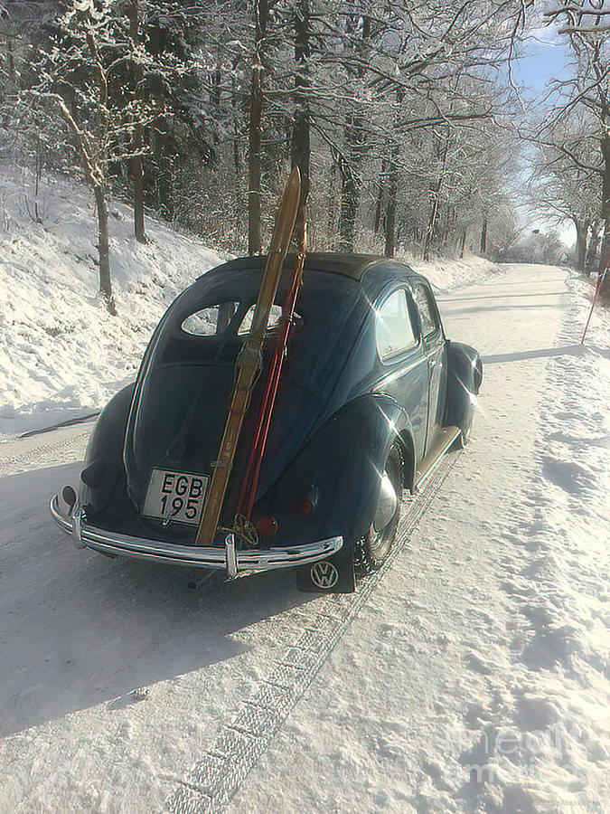 1958 Volkswagen With Ski Rack On Snowy Mountain Road Photograph by Retrographs