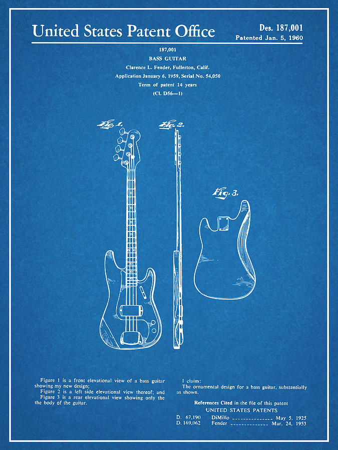 1959 Fender Bass Guitar Patent Print Blueprint Drawing by Greg Edwards