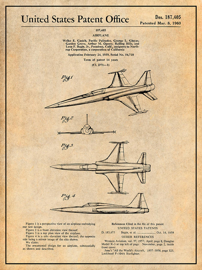 1959 Lockheed F104 Starfighter Patent Print Antique Paper Drawing by Greg Edwards