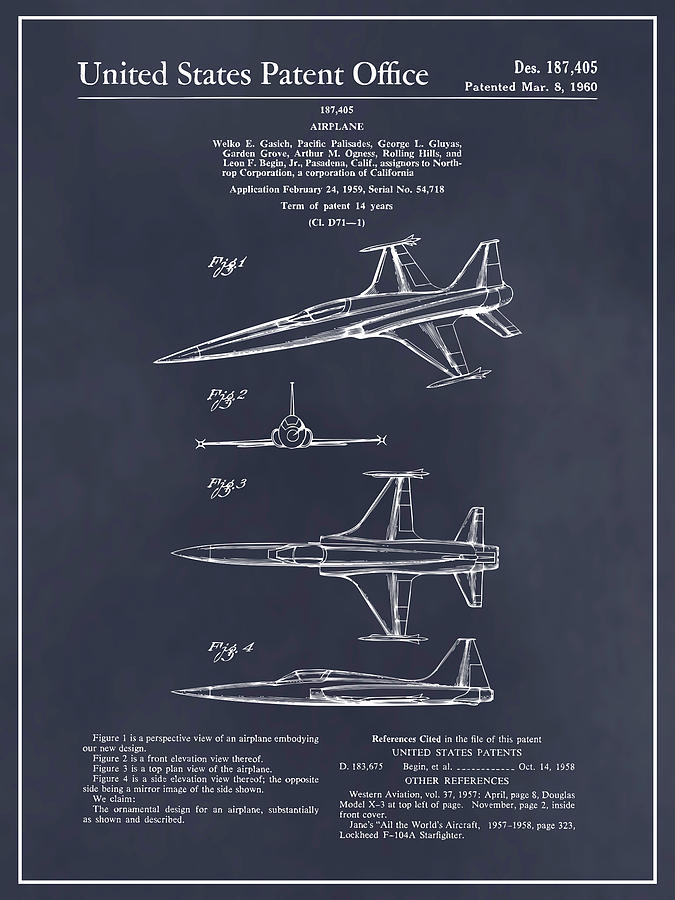 1959 Lockheed F104 Starfighter Patent Print Blackboard Drawing by Greg Edwards