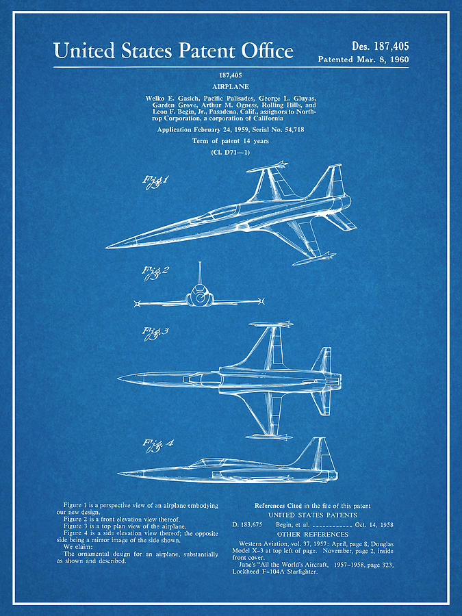 1959 Lockheed F104 Starfighter Patent Print Blueprint Drawing by Greg Edwards