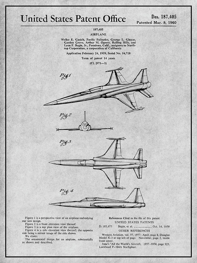1959 Lockheed F104 Starfighter Patent Print Gray Drawing by Greg Edwards