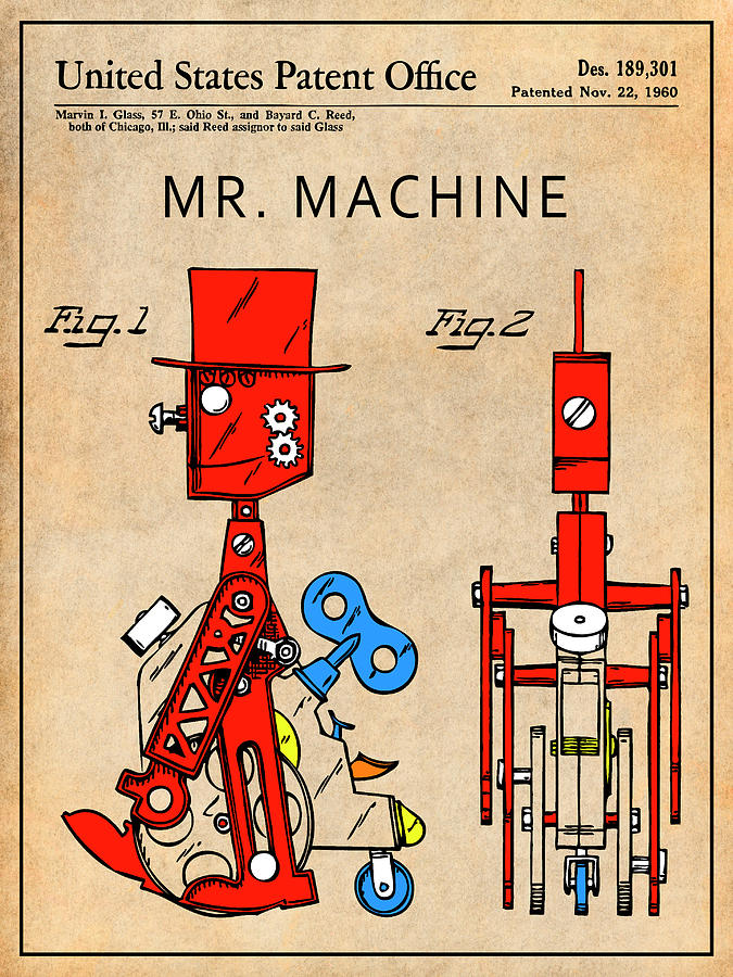 1960 Colorized Mr. Machine Patent Print Antique Paper Drawing by Greg Edwards