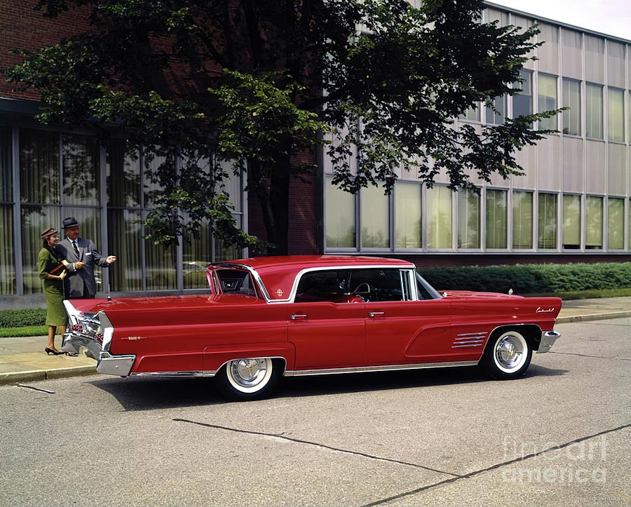 Vintage Photograph - 1960 Lincoln Continental Sedan With Admiring Couple by Retrographs