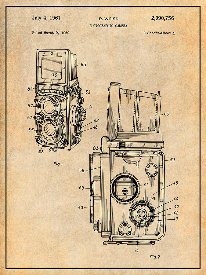 1960 Rolleiflex Photographic Camera Antique Paper Patent Print Drawing by Greg Edwards