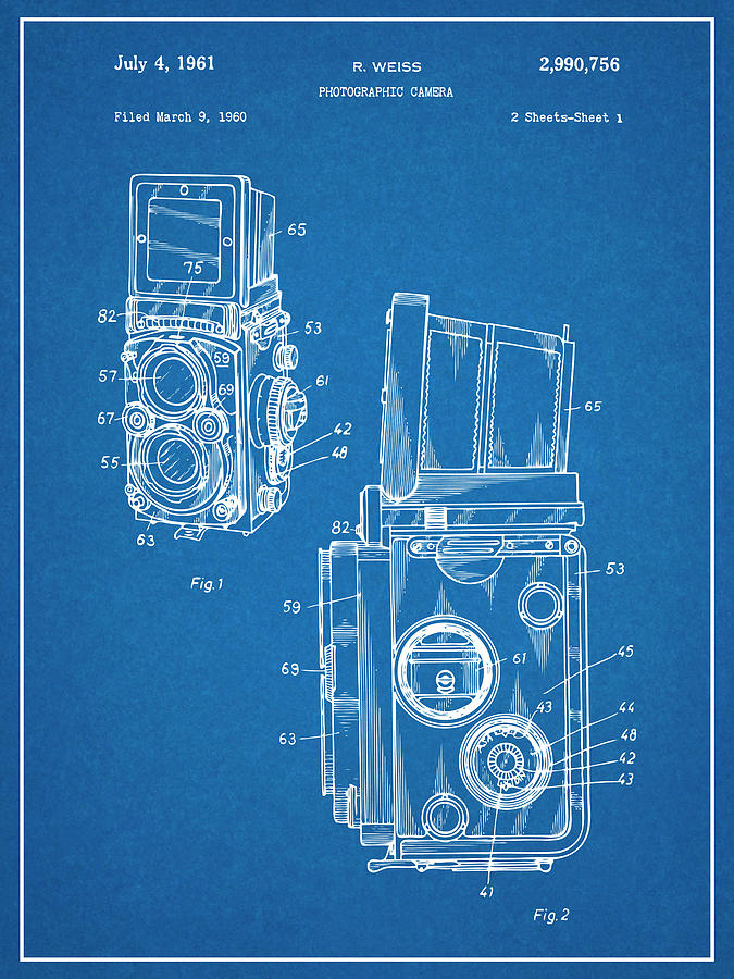 1960 Rolleiflex Photographic Camera Blueprint Patent Print Drawing by Greg Edwards
