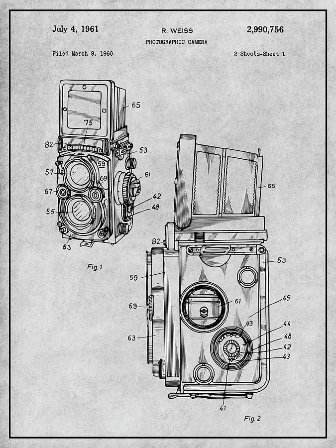 1960 Rolleiflex Photographic Camera Gray Patent Print Drawing by Greg Edwards