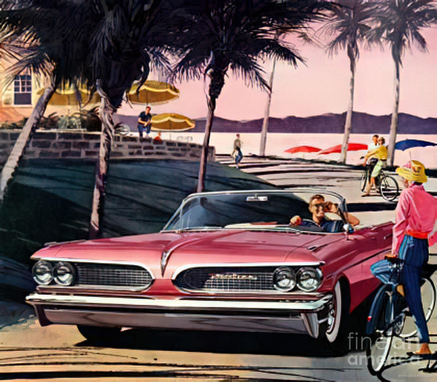 1960s Advertisement For Pontiac With Driver And Woman On Bicycle Mixed Media by Retrographs