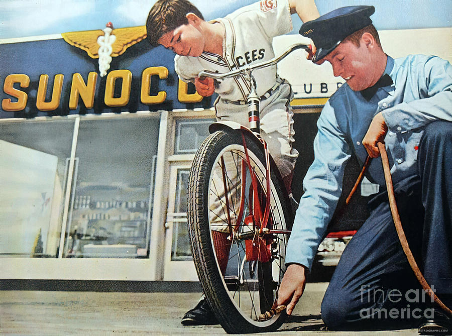 1960s Advertisement For Sunoco With Attendant And Boy With Bicycle Mixed Media by Retrographs