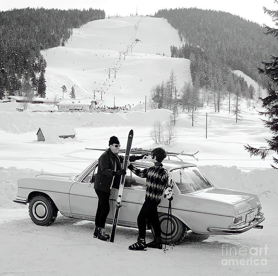 1960s advertisement Mercedes Benz 250 sedan snow scene with skiers Photograph by Retrographs