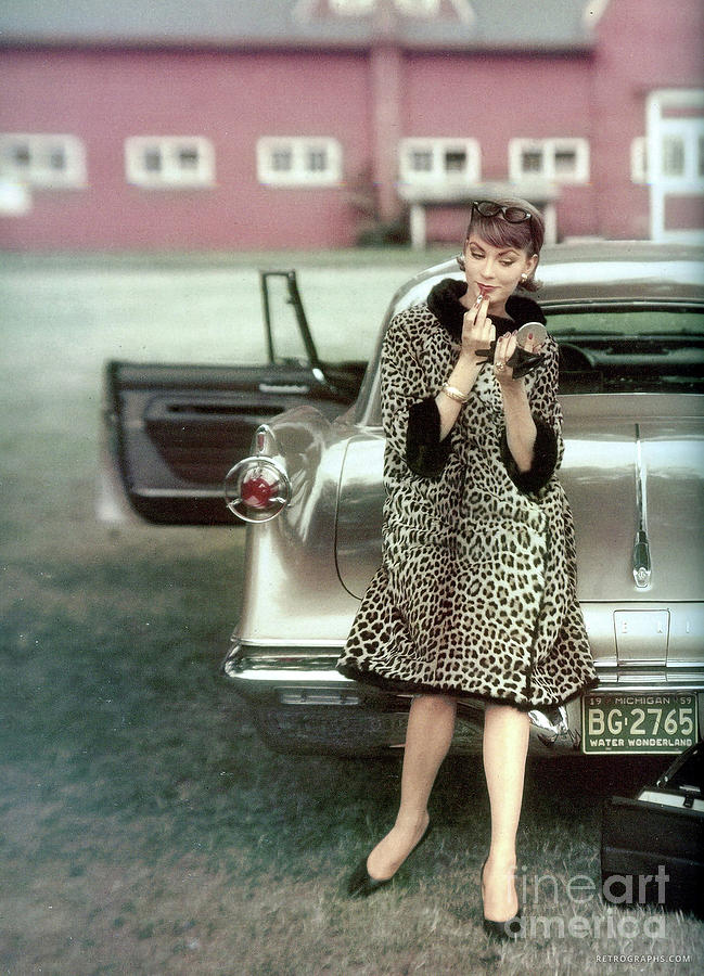 1960s Buick With Model In Fur Coat Mixed Media by Retrographs