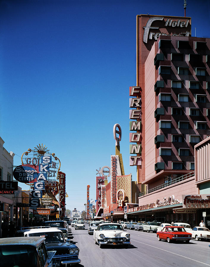 Car Photograph - 1960s Daylight Look Down Fremont Street by Vintage Images