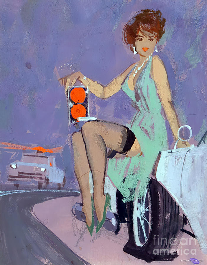1960s Fashion Model With Sports Car Painting by Retrographs