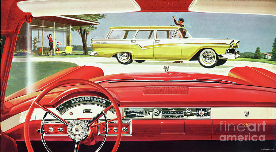 1960s Ford Station Wagon Advertisement Of Dashboard Mixed Media by Retrographs