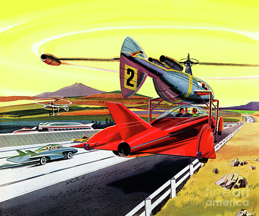 1960s Futuristic Jet Age Art Featuring Cars, Plane And Helicopter Mixed Media by Retrographs