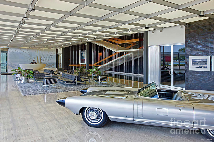 Vintage Photograph - 1960s Gm Reception Area With Futuristic Concept Car by Retrographs