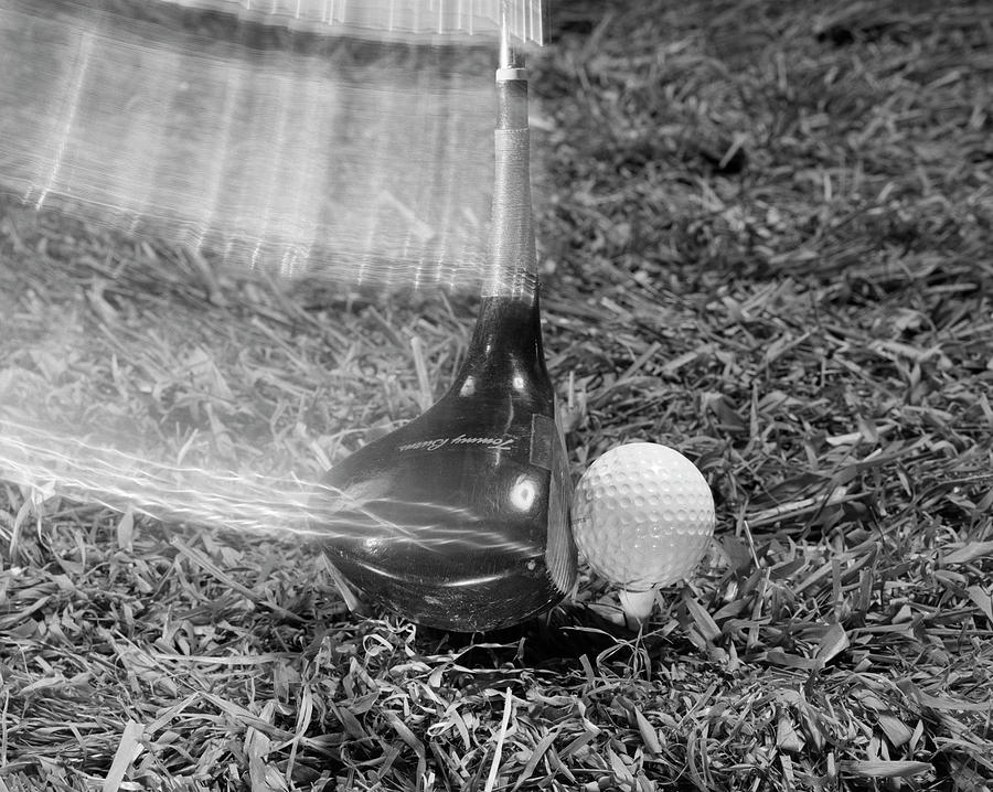 Black And White Painting - 1960s Golf Club Hitting Ball Strobe by Vintage Images