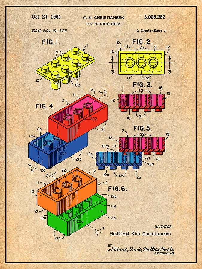 Forpustet pas Derfor 1961 Color Lego Toy Building Blocks Patent Print Antique Paper Drawing by  Greg Edwards - Fine Art America