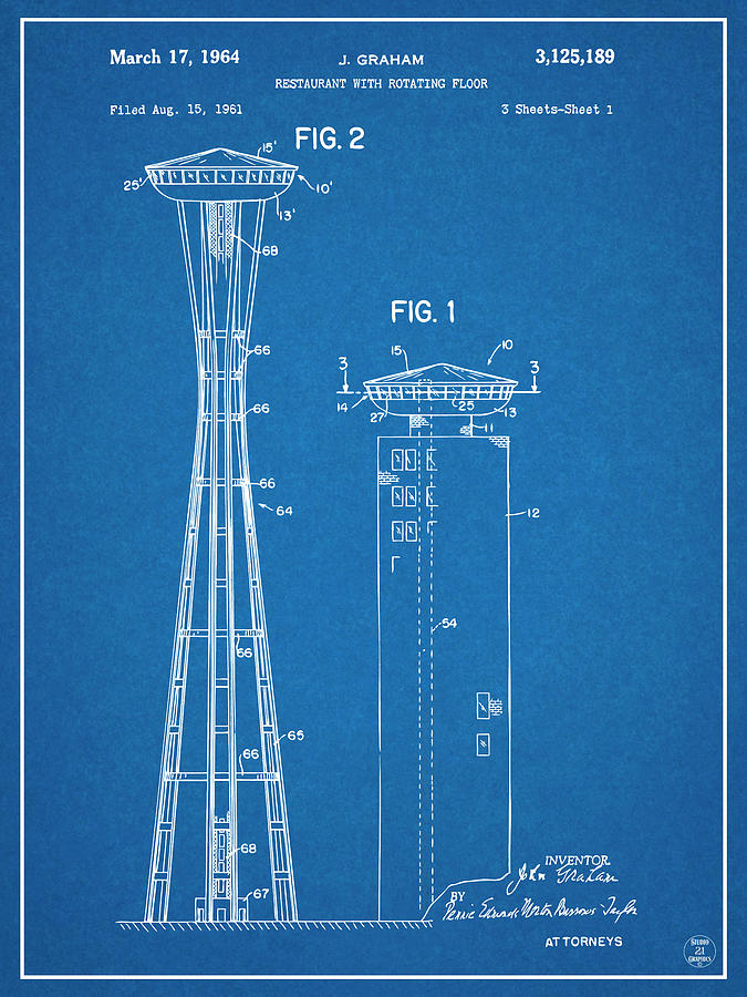 1961 John Graham Seattle Space Needle Patent Print Blueprint Drawing by Greg Edwards