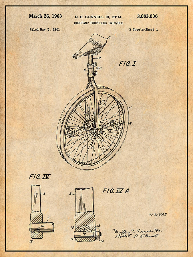 1961 Unicycle Antique Paper Patent Print Drawing by Greg Edwards