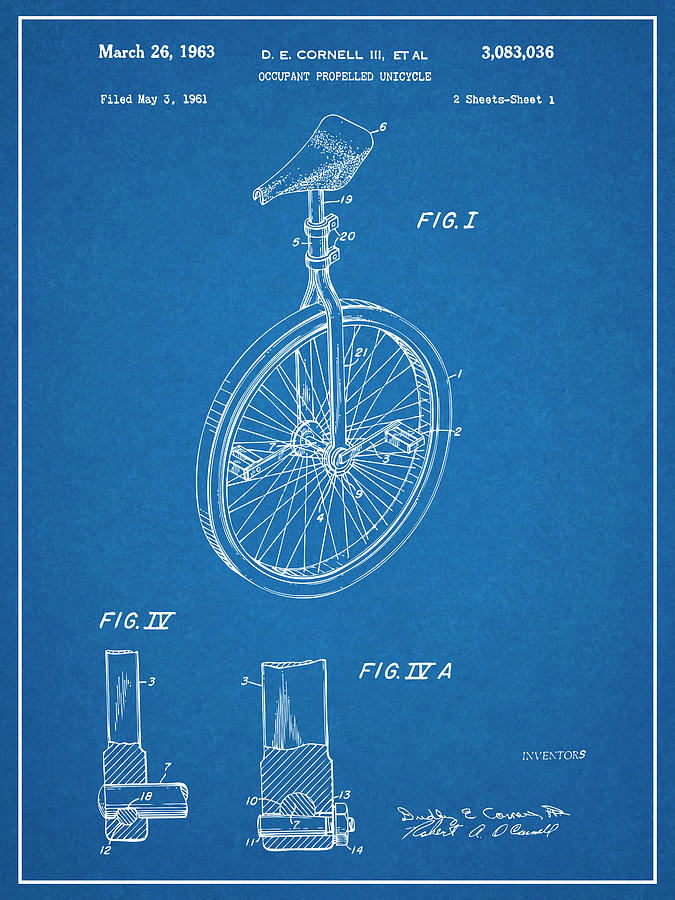 1961 Unicycle Blueprint Patent Print Drawing by Greg Edwards