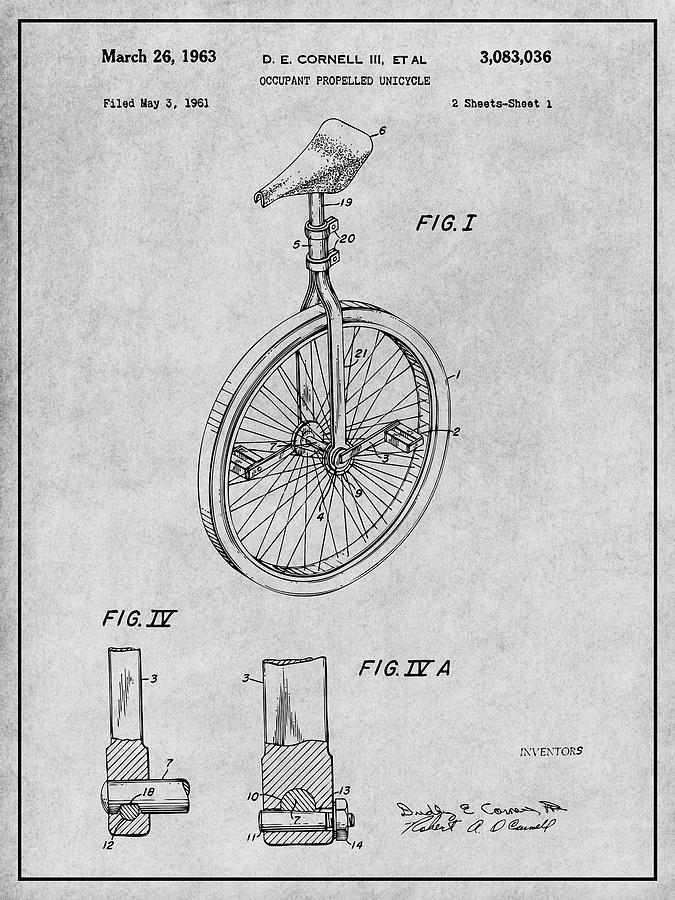 1961 Unicycle Gray Patent Print Drawing by Greg Edwards