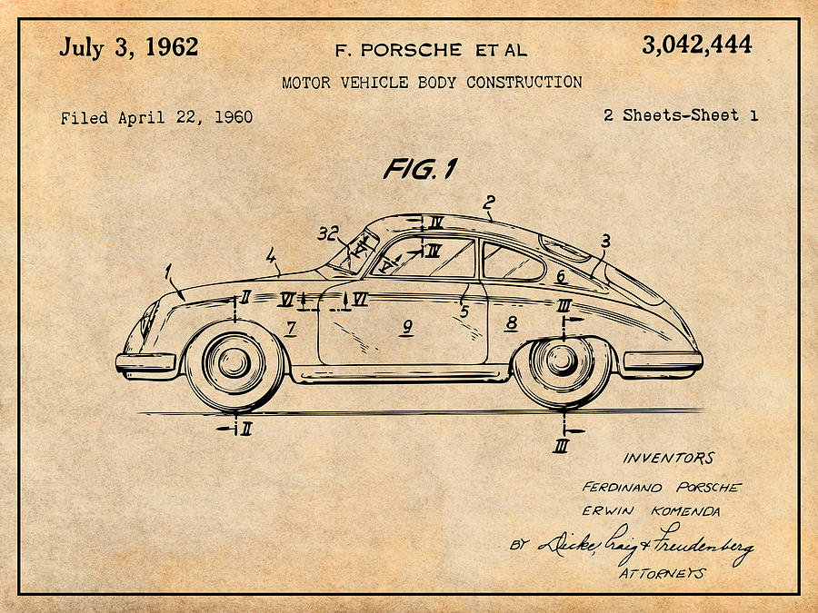 Speedster Drawing - 1962 Porsche 356 Speedster Patent Print Antique Paper by Greg Edwards