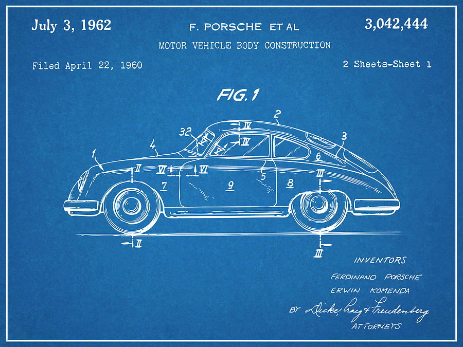 1962 Porsche 356 Speedster Patent Print Blueprint Drawing by Greg Edwards