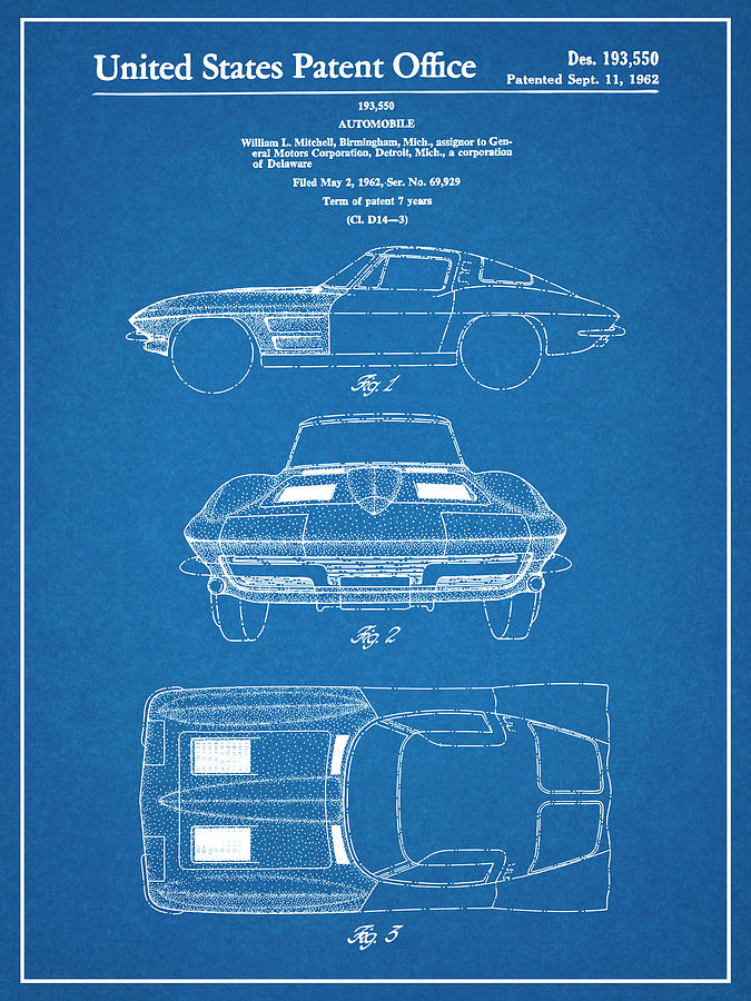 1963 Corvette Stingray Car Poster, Corvette Stingray Patent, Corvette Stingray Blueprint, Corvette S Drawing by Greg Edwards