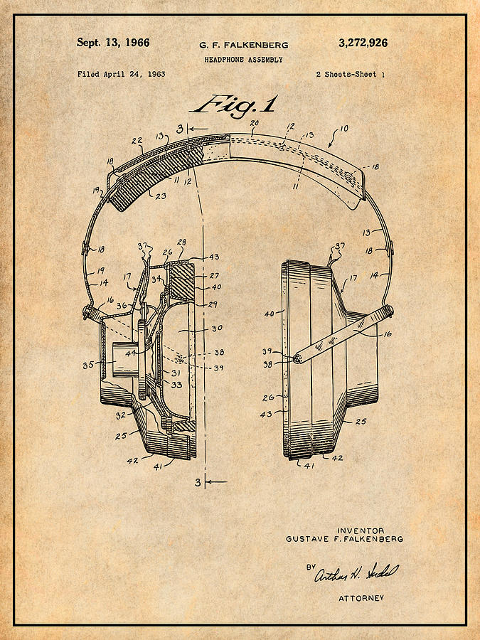 1963 Headphones Antique Paper Patent Print Drawing By Greg Edwards 