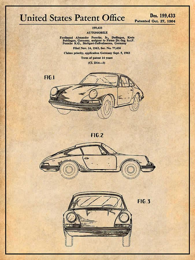 1964 Porsche 911 Patent Print Antigue Paper Drawing by Greg Edwards