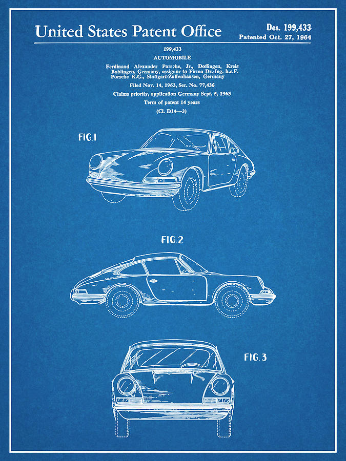 1964 Porsche 911 Patent Print Blueprint Drawing by Greg Edwards