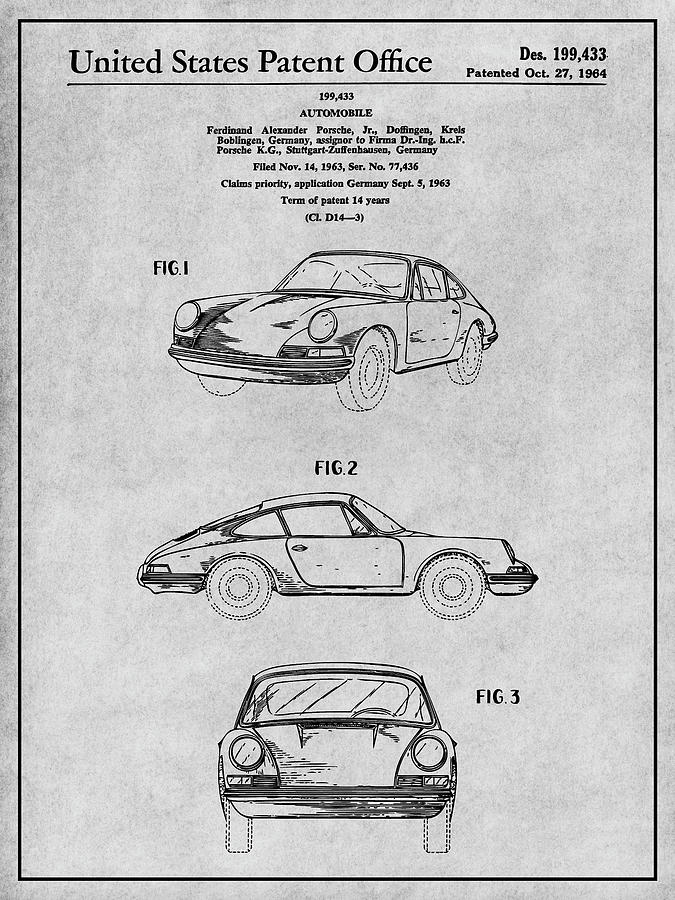 1964 Porsche 911 Patent Print Gray Drawing by Greg Edwards