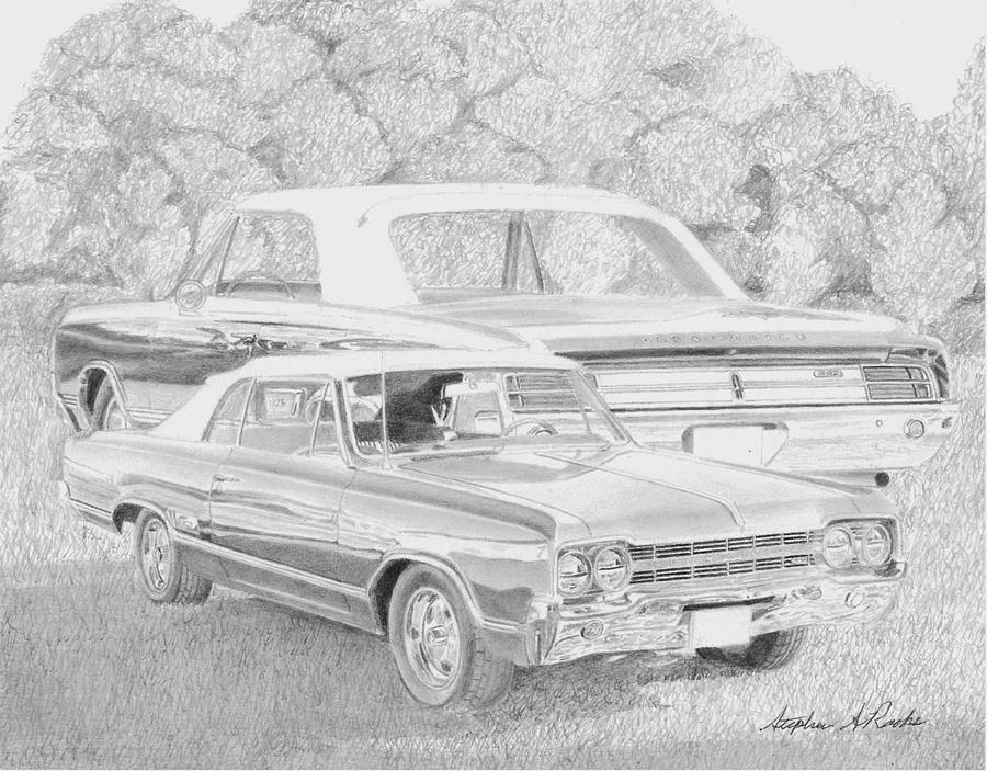 Miscellaneous Drawing - 1965 442 Convertible Collage MUSCLE CAR ART PRINT by Stephen Rooks