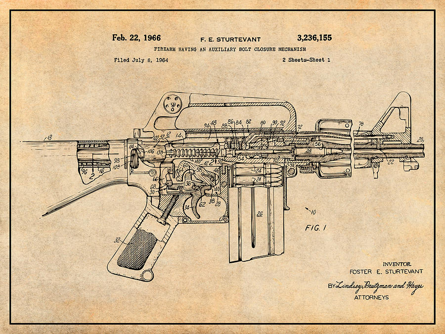 1966 AR15 Assault Rifle Patent Print, M16, Antique Paper Drawing by