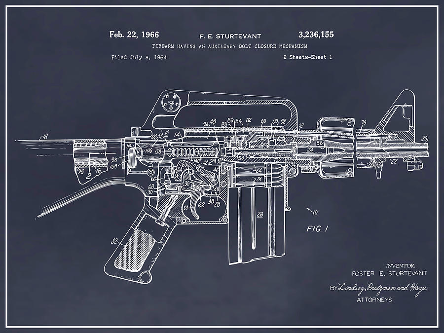 1966 AR15 Assault Rifle Patent Print, M-16, Blackboard Drawing by Greg Edwards