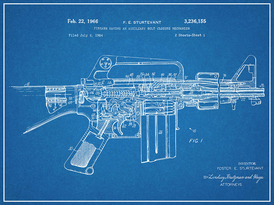 1966 AR15 Assault Rifle Patent Print, M-16, Blueprint. 