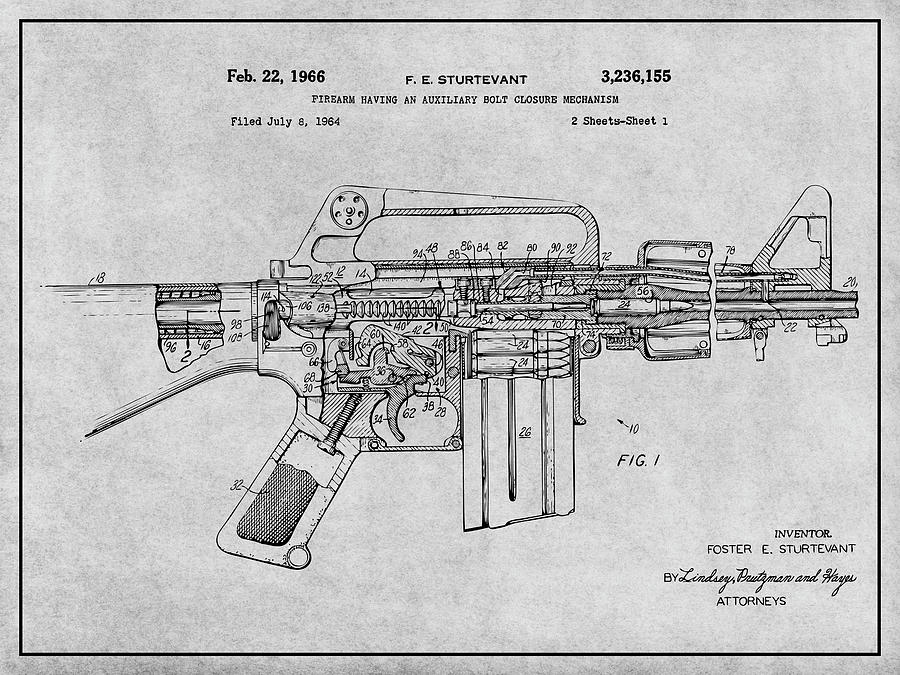 1966 AR15 Assault Rifle Patent Print, M16, Gray Drawing by Greg